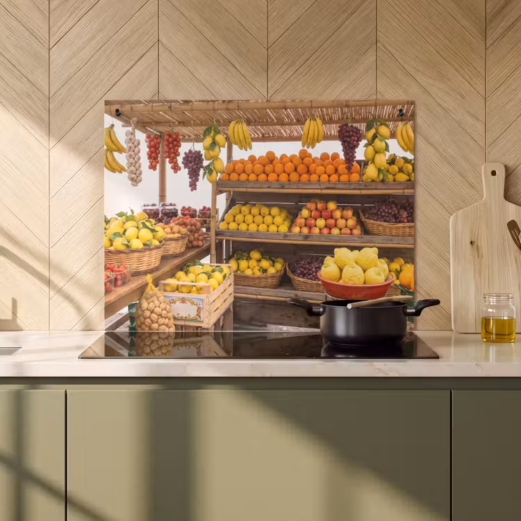 Induction Hob Cover & Splashback (2-in-1) - Market Stall - Fruit - Fresh - Marktkraam - Fruit - Vers Inductie beschemer met haakjes klein