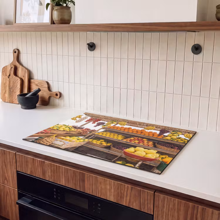 Induction Hob Cover & Splashback (2-in-1) - Market Stall - Fruit - Fresh - Marktkraam - Fruit - Vers Inductie beschemer met haakjes klein