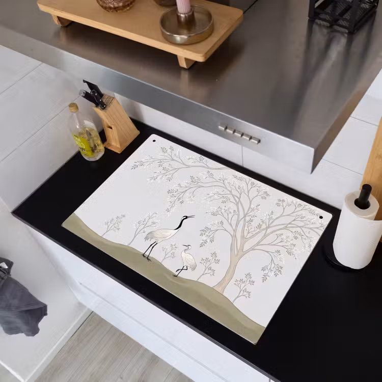 Minimalistisch - Kraanvogels - Blauw Inductie beschemer met haakjes klein -sfeer1