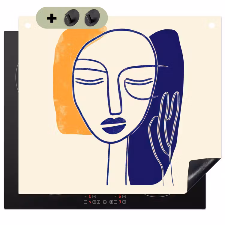Minimalistisch - Gezicht - Hand - Oranje - Blauw Inductie beschemer met haakjes middel -3d