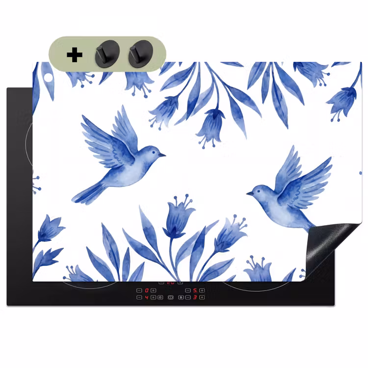 Modern - Vogels - Delfts - Blauw Inductie beschemer met haakjes klein -3d