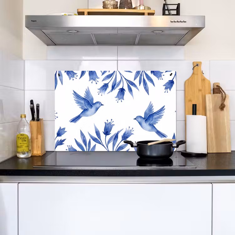 Modern - Vogels - Delfts - Blauw Inductie beschemer met haakjes klein -sfeer2