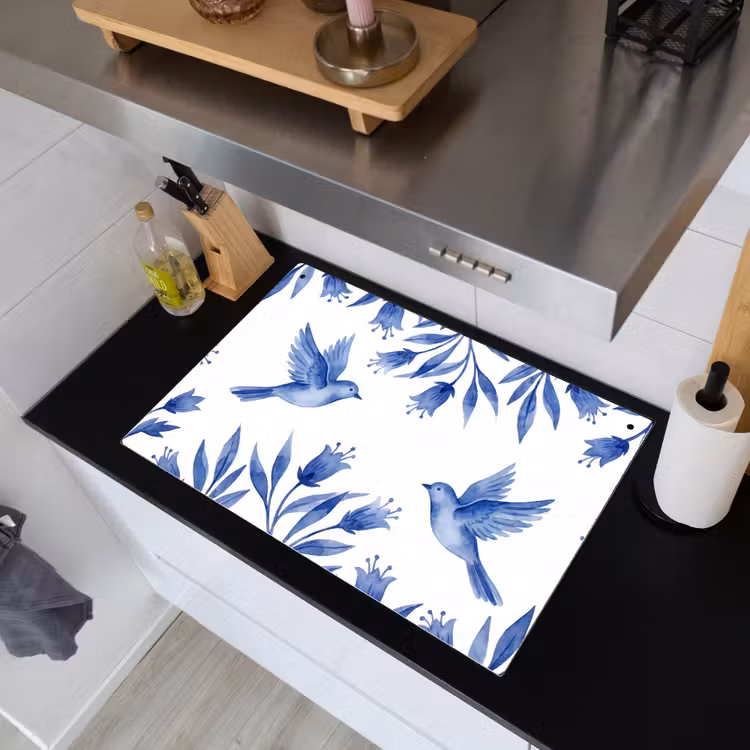 Modern - Vogels - Delfts - Blauw Inductie beschemer met haakjes klein -sfeer1
