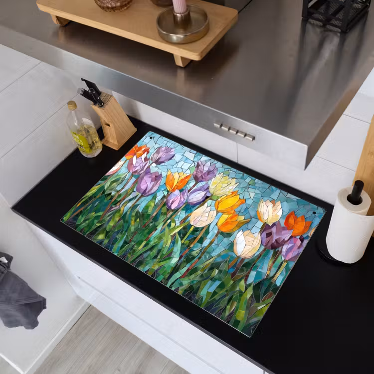 Mozaïek - Veld - Tulpen - Kleurrijk Inductie beschemer met haakjes klein -sfeer1
