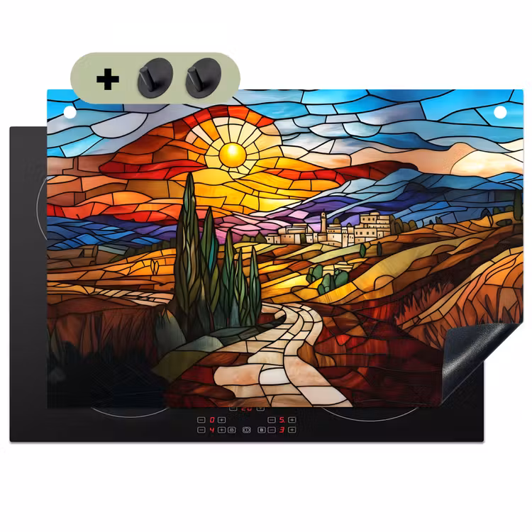Mozaïek - Zon - Landschap - Dorp Inductie beschemer met haakjes klein -3d