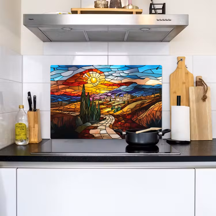 Mozaïek - Zon - Landschap - Dorp Inductie beschemer met haakjes klein -sfeer2