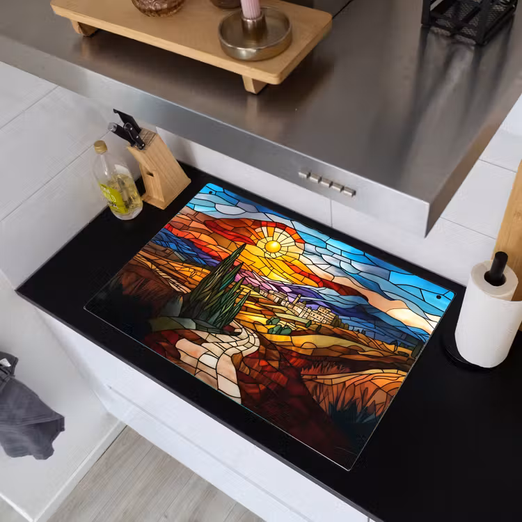 Mozaïek - Zon - Landschap - Dorp Inductie beschemer met haakjes klein -sfeer1
