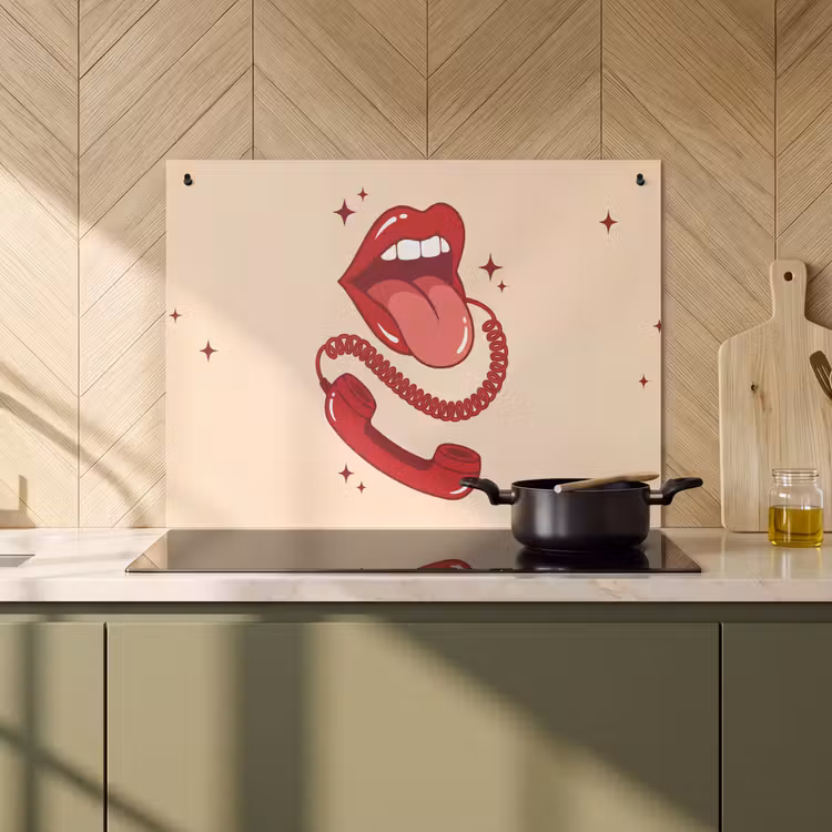 Mond - Telefoon - Popart - Rood - Illustratie Inductie beschemer met haakjes klein -sfeer2