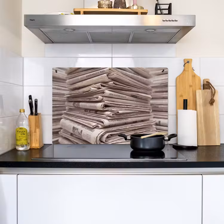Kranten - Stapel - Nieuws - Vintage - Beige Inductie beschemer met haakjes klein -sfeer2