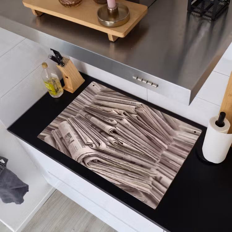 Kranten - Stapel - Nieuws - Vintage - Beige Inductie beschemer met haakjes klein -sfeer1