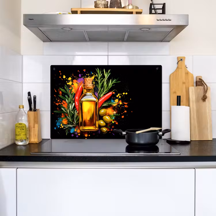 Olijfolie - Graffiti - Peper - Olijven - Modern Inductie beschemer met haakjes klein -sfeer2