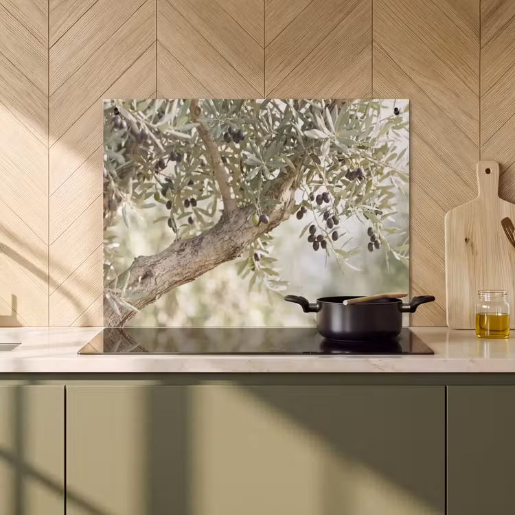 Induction Hob Cover & Splashback (2-in-1) - Olive tree - branch - green - Olijfboom - tak - groen Inductie beschemer met haakjes klein