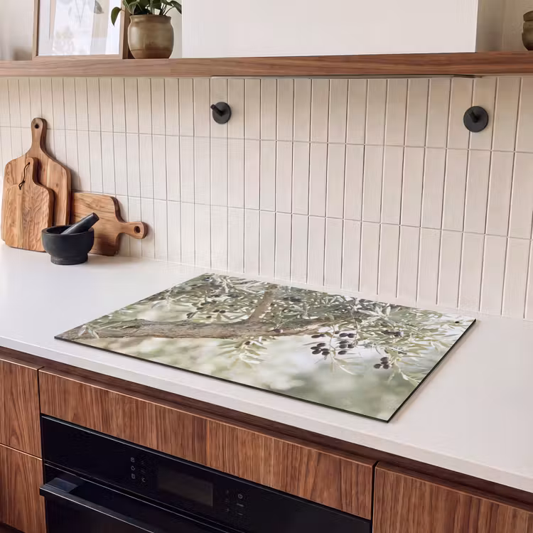 Induction Hob Cover & Splashback (2-in-1) - Olive tree - branch - green - Olijfboom - tak - groen Inductie beschemer met haakjes klein