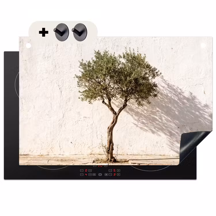 Induction Hob Cover & Splashback (2-in-1) - Olive Tree - Wall - White - Olijfboom - muur - wit Inductie beschemer met haakjes klein
