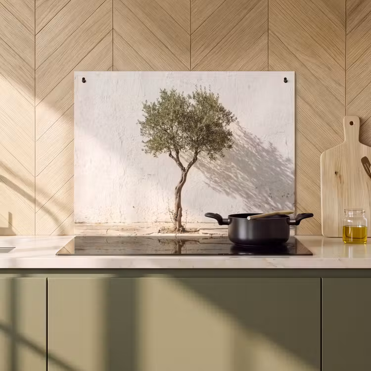 Induction Hob Cover & Splashback (2-in-1) - Olive Tree - Wall - White - Olijfboom - muur - wit Inductie beschemer met haakjes klein