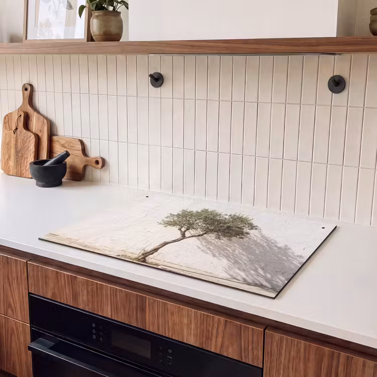 Induction Hob Cover & Splashback (2-in-1) - Olive Tree - Wall - White - Olijfboom - muur - wit Inductie beschemer met haakjes klein