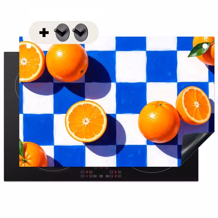 Induction Hob Cover & Splashback (2-in-1) - Orange - Checkered - Food - Sinaasappel - Geruit - Eten Inductie beschemer met haakjes klein