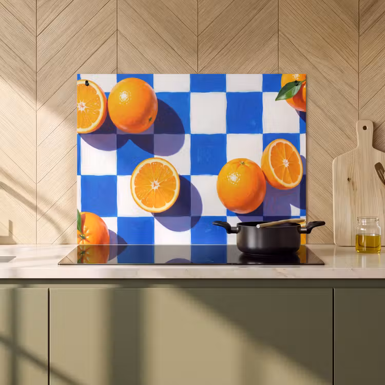 Induction Hob Cover & Splashback (2-in-1) - Orange - Checkered - Food - Sinaasappel - Geruit - Eten Inductie beschemer met haakjes klein