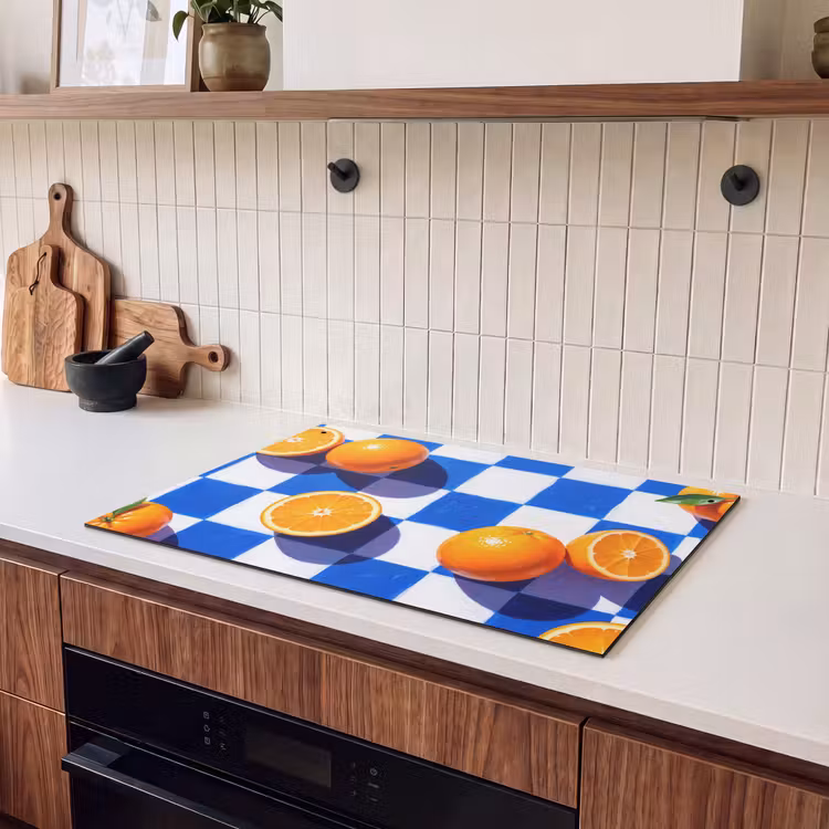 Induction Hob Cover & Splashback (2-in-1) - Orange - Checkered - Food - Sinaasappel - Geruit - Eten Inductie beschemer met haakjes klein