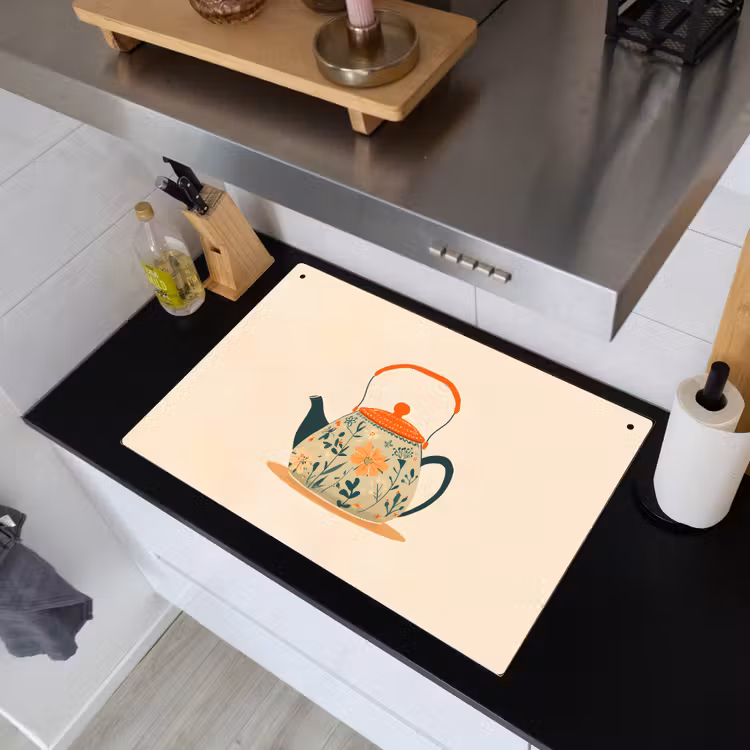 Oranje - Theepot - Bloemen - Bladeren Inductie beschemer met haakjes klein -sfeer1