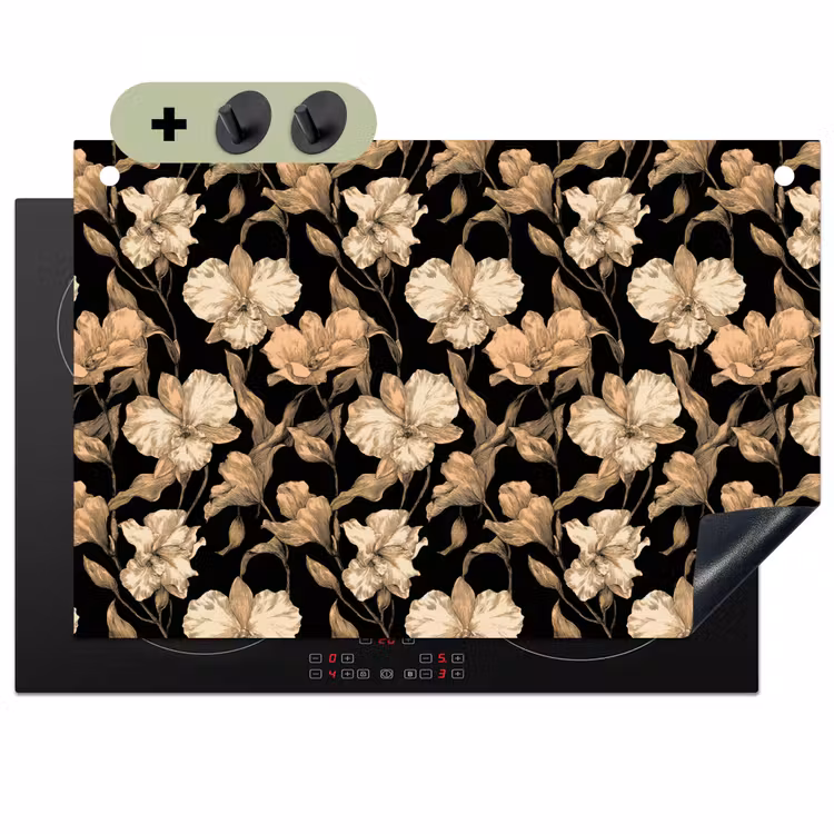 Orchideeën - Lijntekening - Patroon - Beige - Zwart Inductie beschemer met haakjes klein 777 -3d