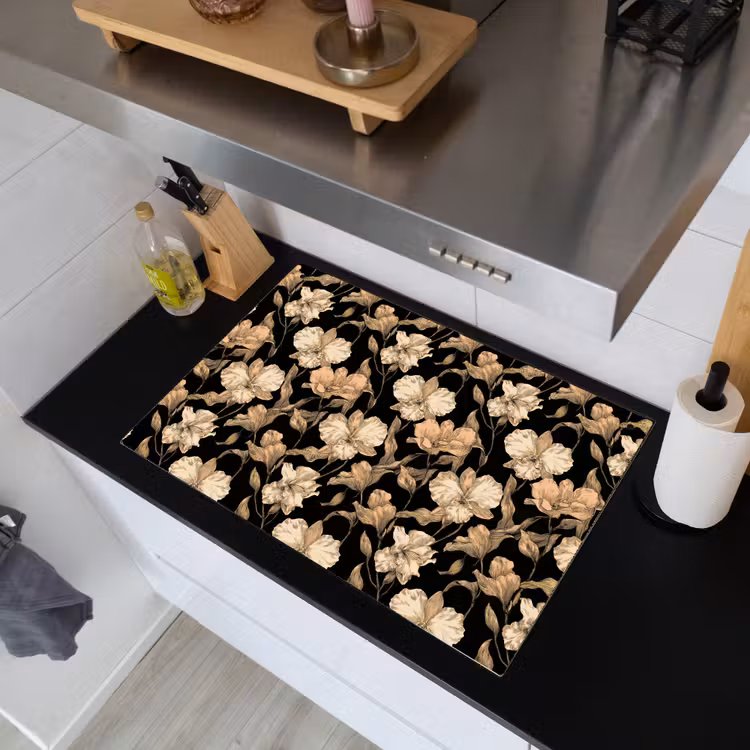 Orchideeën - Lijntekening - Patroon - Beige - Zwart Inductie beschemer met haakjes klein 777 -sfeer1