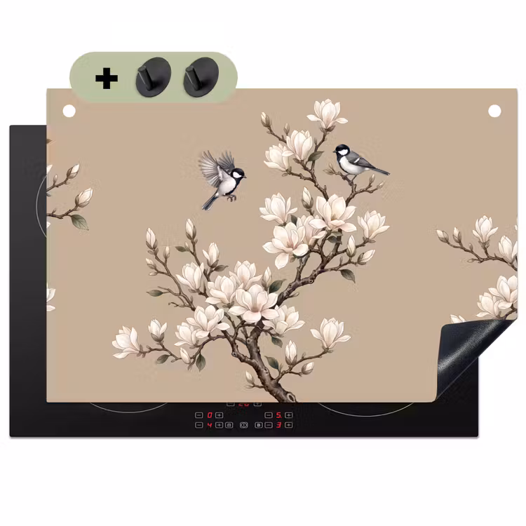 Oosters - Vogels - Beige Inductie beschemer met haakjes klein -3d