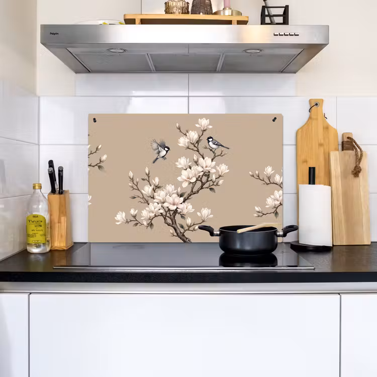 Oosters - Vogels - Beige Inductie beschemer met haakjes klein -sfeer2