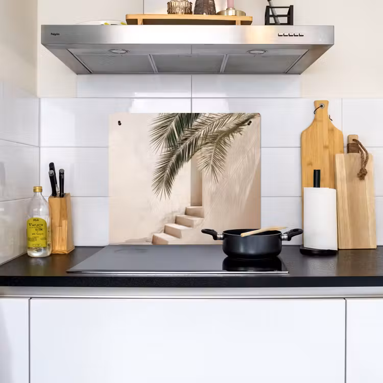 Palmboom - Schaduw - Trap - Beige Inductie beschemer met haakjes middel -sfeer2