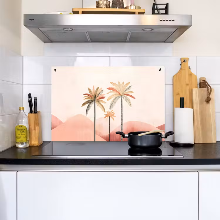 Palmbomen - Heuvels - Minimalistisch - Zachtroze Inductie beschemer met haakjes klein -sfeer2