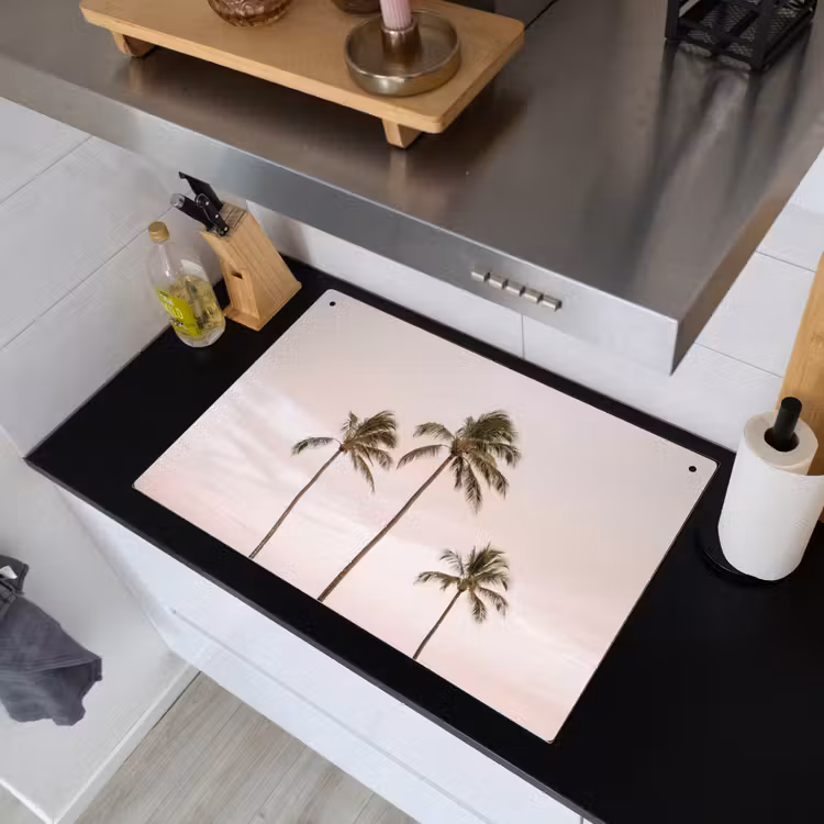Palmbomen - Zonsondergang - Roze Inductie beschemer met haakjes klein -sfeer1