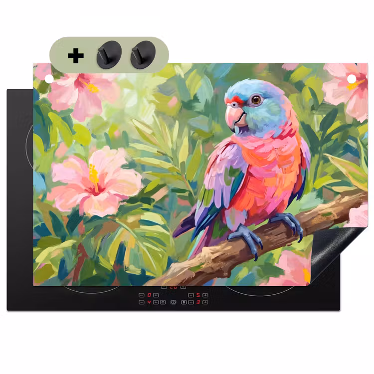 Papagaai - Hibiscusbloemen - Kleurrijk Inductie beschemer met haakjes klein -3d