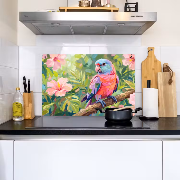 Papagaai - Hibiscusbloemen - Kleurrijk Inductie beschemer met haakjes klein -sfeer2