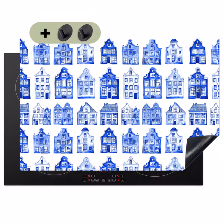 Patroon - Huizen - Blauw Inductie beschemer met haakjes klein 777 -3d
