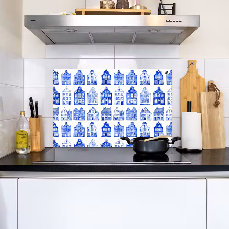Patroon - Huizen - Blauw Inductie beschemer met haakjes klein 777 -sfeer2