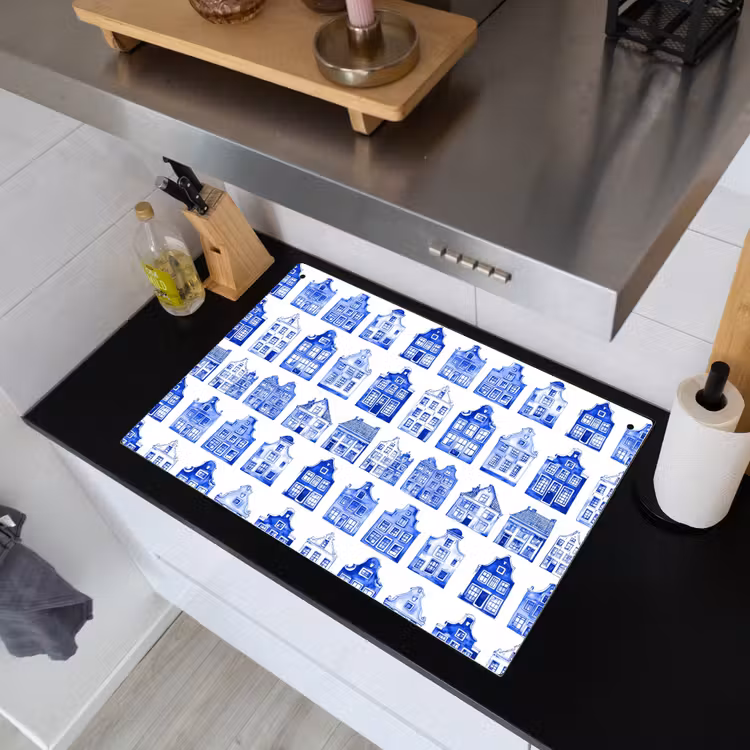 Patroon - Huizen - Blauw Inductie beschemer met haakjes klein 777 -sfeer1