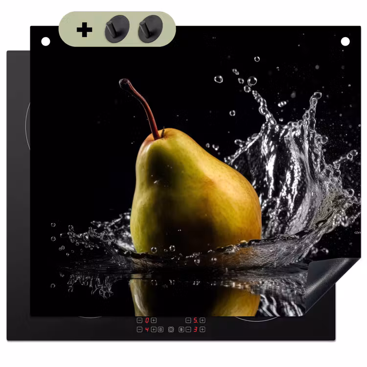 Peer - Fruit - Water - Zwart Inductie beschemer met haakjes middel -3d