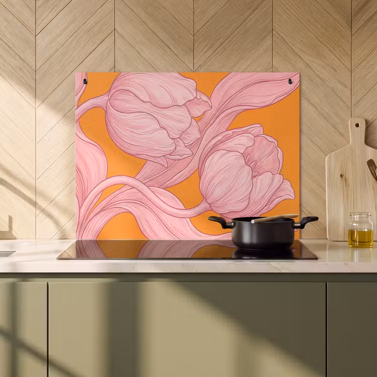 Induction Hob Cover & Splashback (2-in-1) - Pink Flowers - Modern - Roze bloemen - Modern Inductie beschemer met haakjes klein