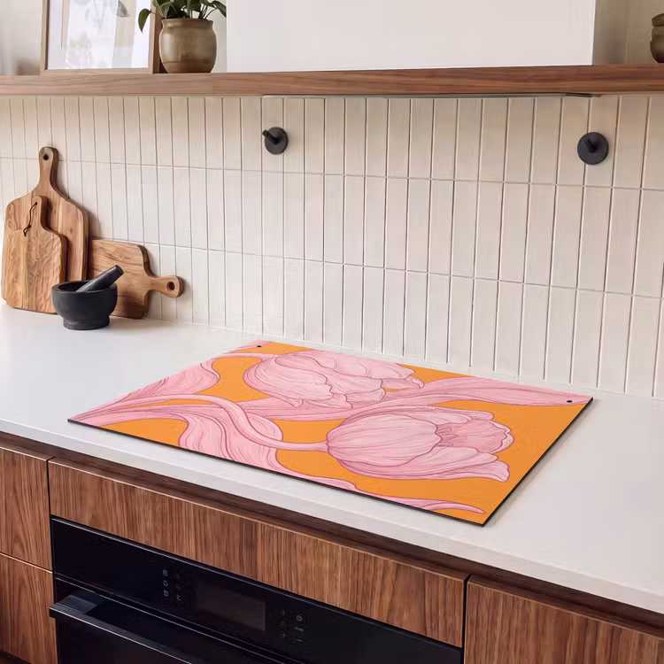Induction Hob Cover & Splashback (2-in-1) - Pink Flowers - Modern - Roze bloemen - Modern Inductie beschemer met haakjes klein
