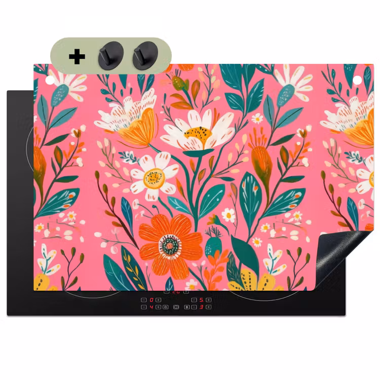 Roze - Bloemen - Wit - Oranje Inductie beschemer met haakjes klein -3d