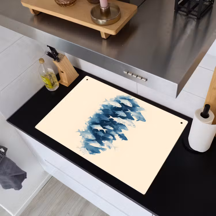 Vissen - Minimalistisch - Blauw Inductie beschemer met haakjes klein -sfeer1