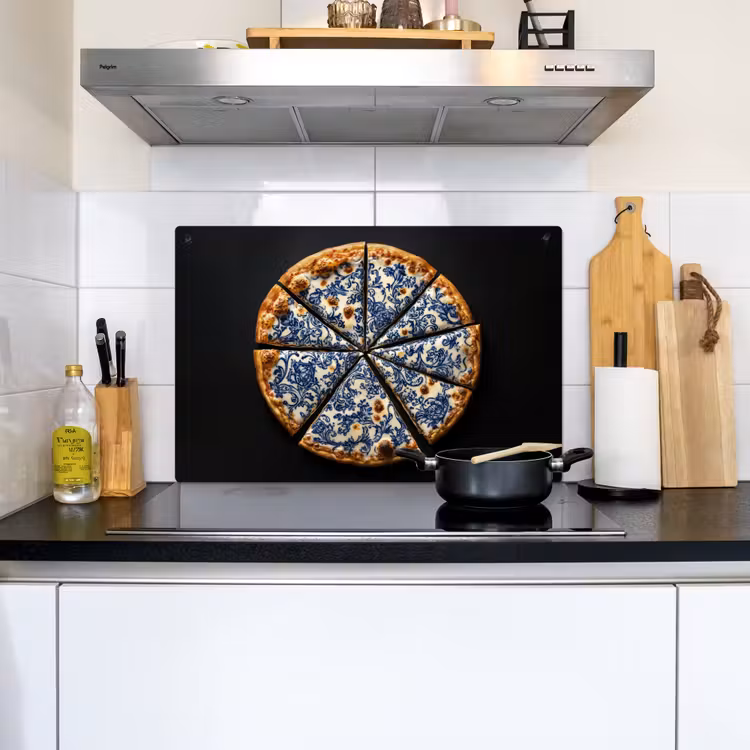 Pizza - Eten - Delftsblauw Inductie beschemer met haakjes klein -sfeer2