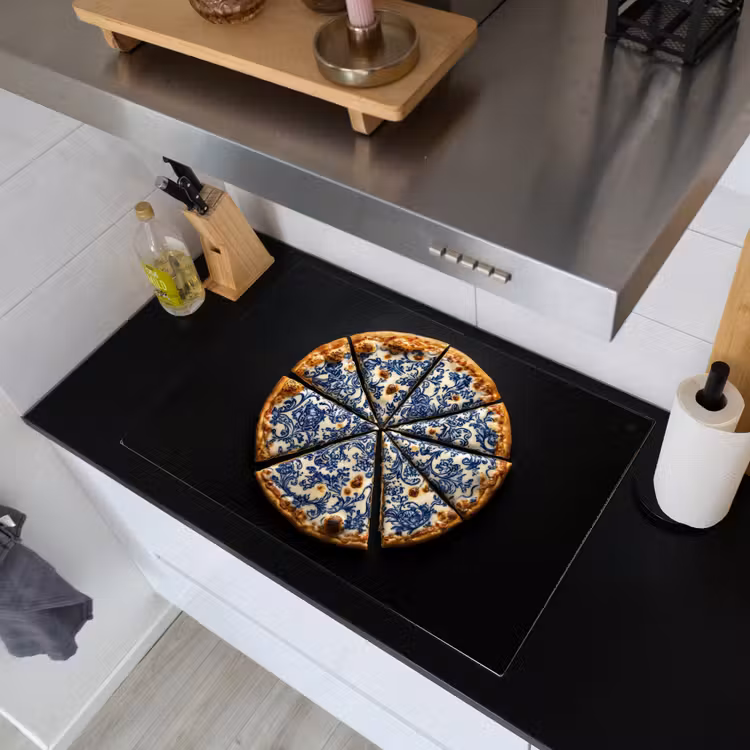 Pizza - Eten - Delftsblauw Inductie beschemer met haakjes klein -sfeer1