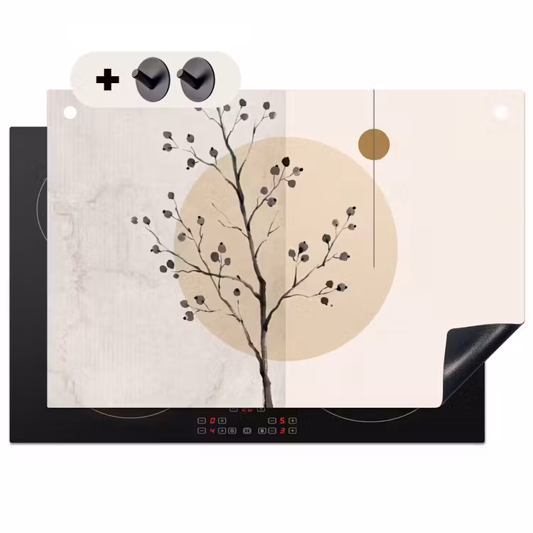 Induction Hob Cover & Splashback (2-in-1) - Plant - Abstract - Beige - Plant - Abstract - Beige Inductie beschemer met haakjes klein