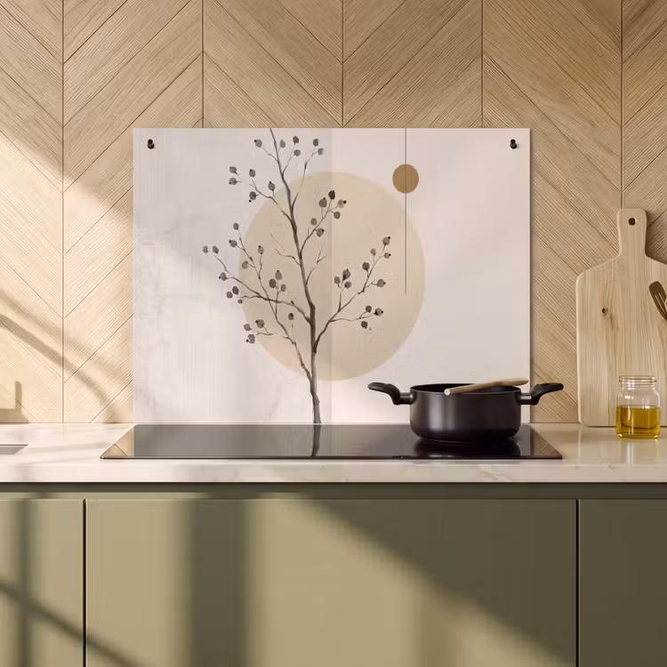 Induction Hob Cover & Splashback (2-in-1) - Plant - Abstract - Beige - Plant - Abstract - Beige Inductie beschemer met haakjes klein