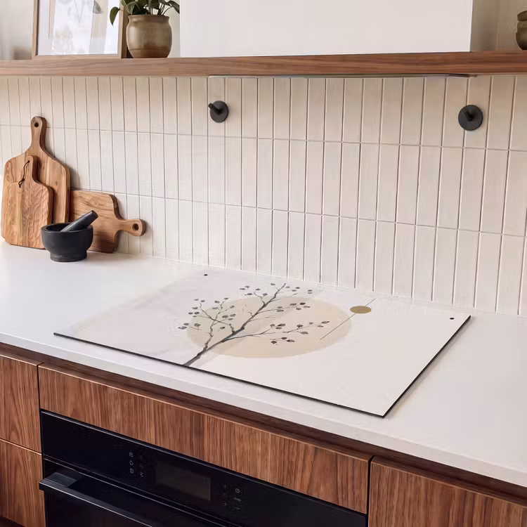 Induction Hob Cover & Splashback (2-in-1) - Plant - Abstract - Beige - Plant - Abstract - Beige Inductie beschemer met haakjes klein
