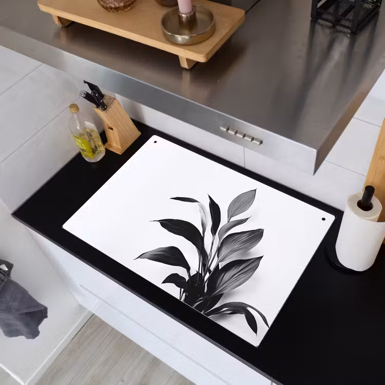 Plant - Bladeren - Minimalistisch - Zwart Inductie beschemer met haakjes klein -sfeer1