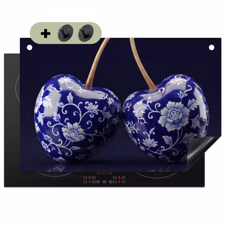 Porselein- Kersen - Delfts - Blauw Inductie beschemer met haakjes klein -3d