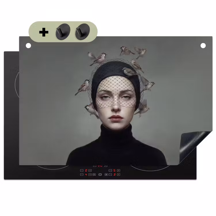 Portret - Vogels - Zwart Inductie beschemer met haakjes klein -3d