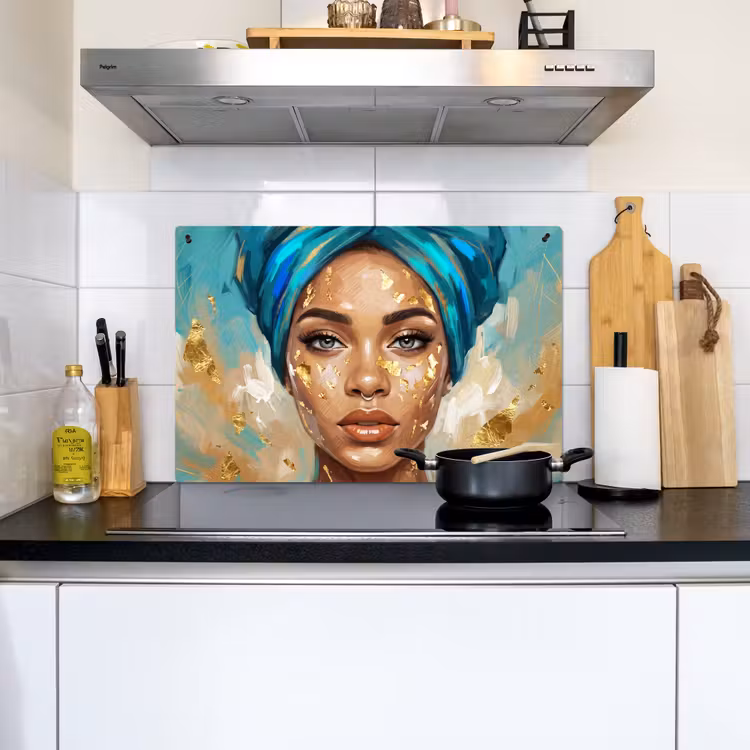 Portret - Vrouw - Schilderij - Blauw - Goud - Expressief Inductie beschemer met haakjes klein -sfeer2